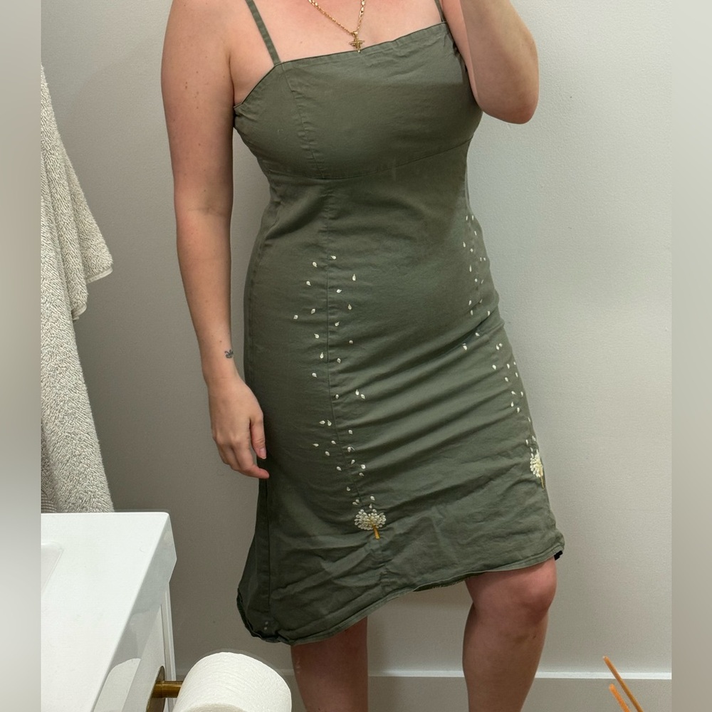 Vintage Olive Green & Crocheted Midi Dress